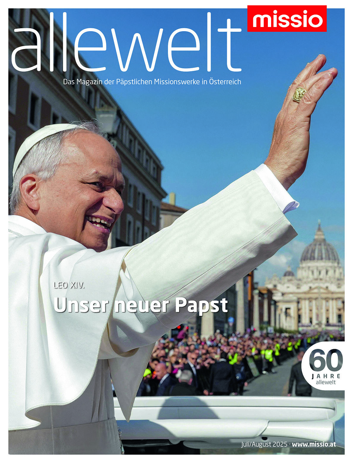 Die Sommerausgabe der allewelt 2025 mit Papst Leo XVI. am Cover
